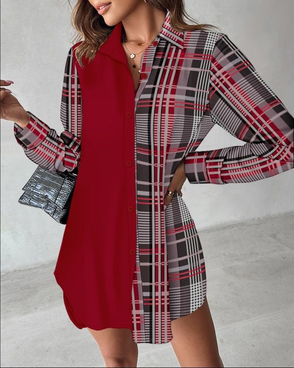Women's Clothing Long Sleeved Printed Patchwork Button Dress Blouse_ecoleips.com