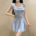 Women's Retro Plaid One Piece Swimsuit Halter Slimming Tummy Concealing Pure Alluring Style Swimwear_ecoleips.com