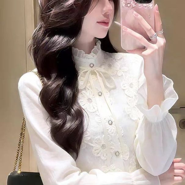 French Hepburn-style Apricot-colored Stand-collar Ruffled Shirt For Women, 2026 Spring New Model, Super Stylish And_ecoleips.com