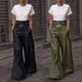 Women's Clothing Leather Pants High Waist Loose Pocket Waist Pu Leather Flared Pants Casual Trousers_ecoleips.com