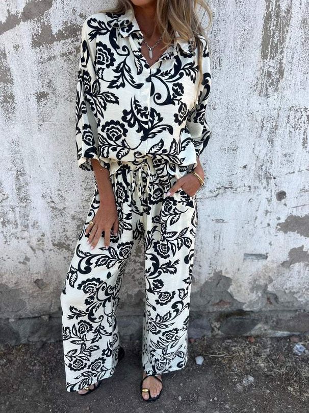 Women's Clothing New Casual Women's Clothing Independent Station Hot Selling Ladies Printed Two Piece Shirt And Trousers Suit_ecoleips.com