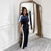 Women's Clothing Suede Fabric Denim Color Matching Stand Up Collar Short Sleeved Long Zipper Jumpsuit Trousers_ecoleips.com