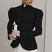 French-Inspired Black Blazer With Stand Collar – Elegant Bubble Sleeve Jacket For Work & Evening (S/M/L)_ecoleips.com
