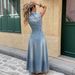 Chic Washable Denim Maxi Dress For Teens, Sleeveless Shirtdress With High Waist And Off-Shoulder Design For Casual Outings_ecoleips.com