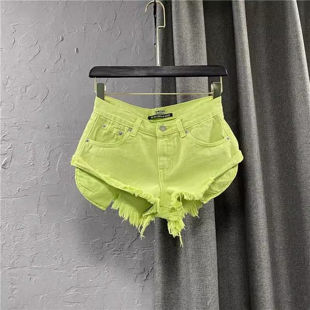 2025s 2025 New Summer Fashion Personality Fruit Green Denim Women's Sexy Low Waist Wide Leg A-line Shorts_ecoleips.com