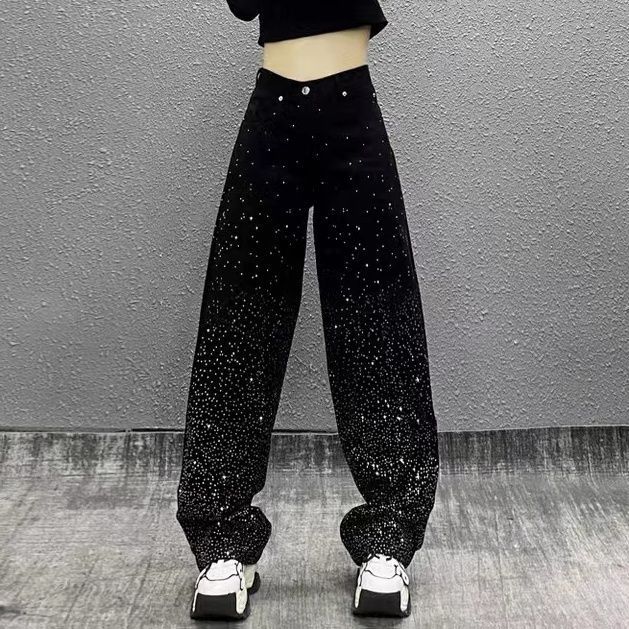 Women's Clothing High-Waisted Slimming Rhinestone Jeans Wide Leg Floor-Length Pants Loose Fit Versatile Straight Leg For Women Spring/Autumn_ecoleips.com