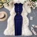 European And American Stand Up Collar Button Down Slim Fit Stretch Knitted Vest Skirt With Slim Waist And Medium Length Hip Wrapped Bottoming Skirt_ecoleips.com