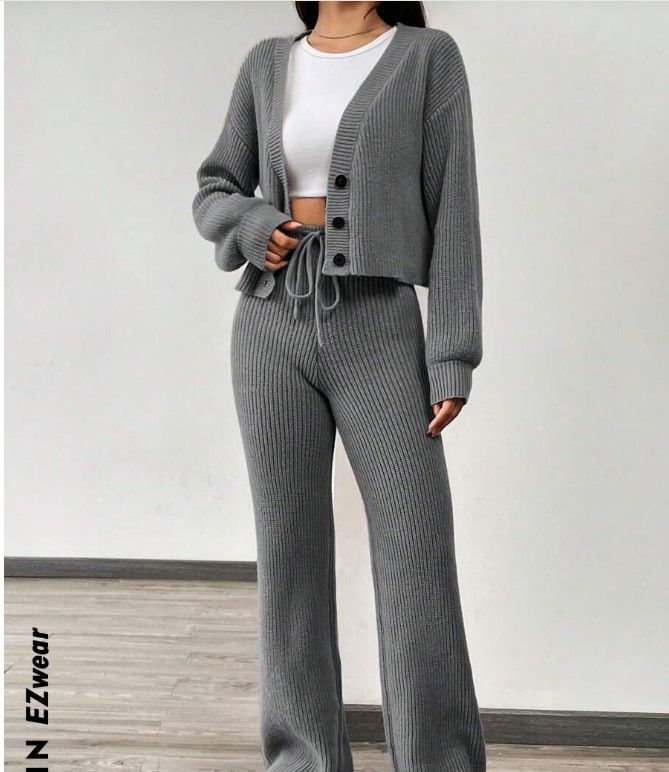 Oversized Knit Sweater & Pants Set, Button-Front Cardigan With Relaxed Trousers, Fall Casual Outfit In Khaki/Dark Brown (S/M/L/XL)_ecoleips.com