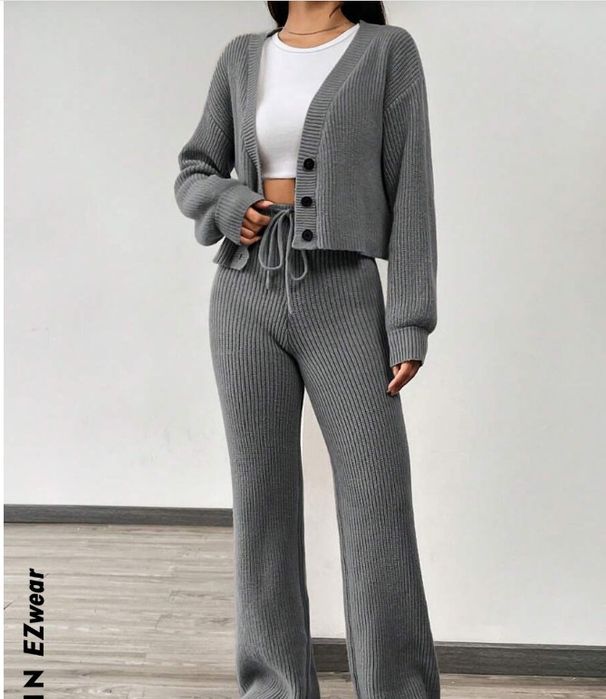 Oversized Knit Sweater & Pants Set, Button-Front Cardigan With Relaxed Trousers, Fall Casual Outfit In Khaki/Dark Brown (S/M/L/XL)_ecoleips.com