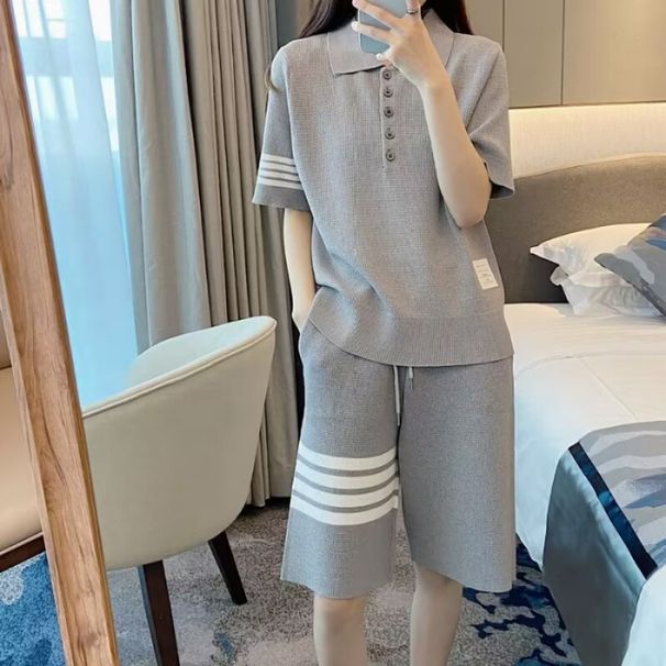 Women's Clothing Two Piece Sportswear Set Korean Style Waffle Print Striped Polo Shirt And Shorts Casual Outfit_ecoleips.com