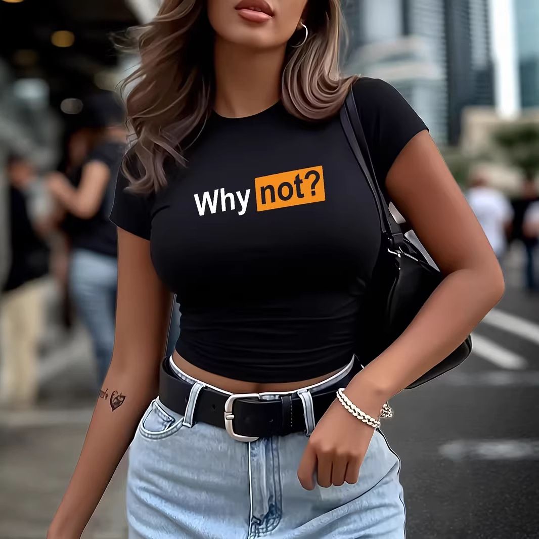 Women's Fitted Cropped T-Shirt 'Why Not?' Print Casual Elegant Fashion Polyester Top for Spring/Autumn Summer_ecoleips.com