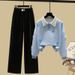 Bow-Embroidered Sweatshirt & Flowy Wide-Leg Pants Set – Korean Casual Outfit (S-3XL, Black/Beige/Blue/Pink)_ecoleips.com