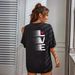 Women's Casual Black T-Shirt round Neck Short Sleeve Loose Fit Sports Top with Letter Print Back European American Style Summer_ecoleips.com
