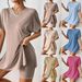Summer Casual Women's Two Piece Suit Comfortable Bat Sleeve round Neck Slit T-Shirt And Tight Shorts Set_ecoleips.com