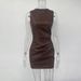 Talenza Skinny Leather Dress Women's Fashion Round Neck Solid Retro Short Dress Y2k Leather High Waist Party Evening Dress 2025_ecoleips.com