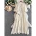Women's French Style Round Neck Dress Elegant Lantern Sleeve Hollowed Out Embroidery Slimming Waist For Autumn_ecoleips.com