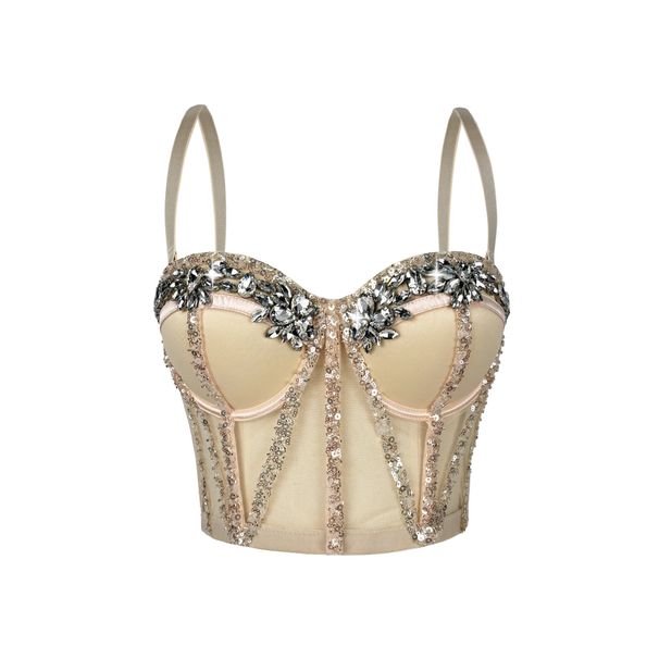 Sparkling Mesh Corset Top With Rhinestones - Sexy Bustier Lace Bralette For Women, Adjustable Straps, Bodycon Fit, Stage & Party Wear_ecoleips.com