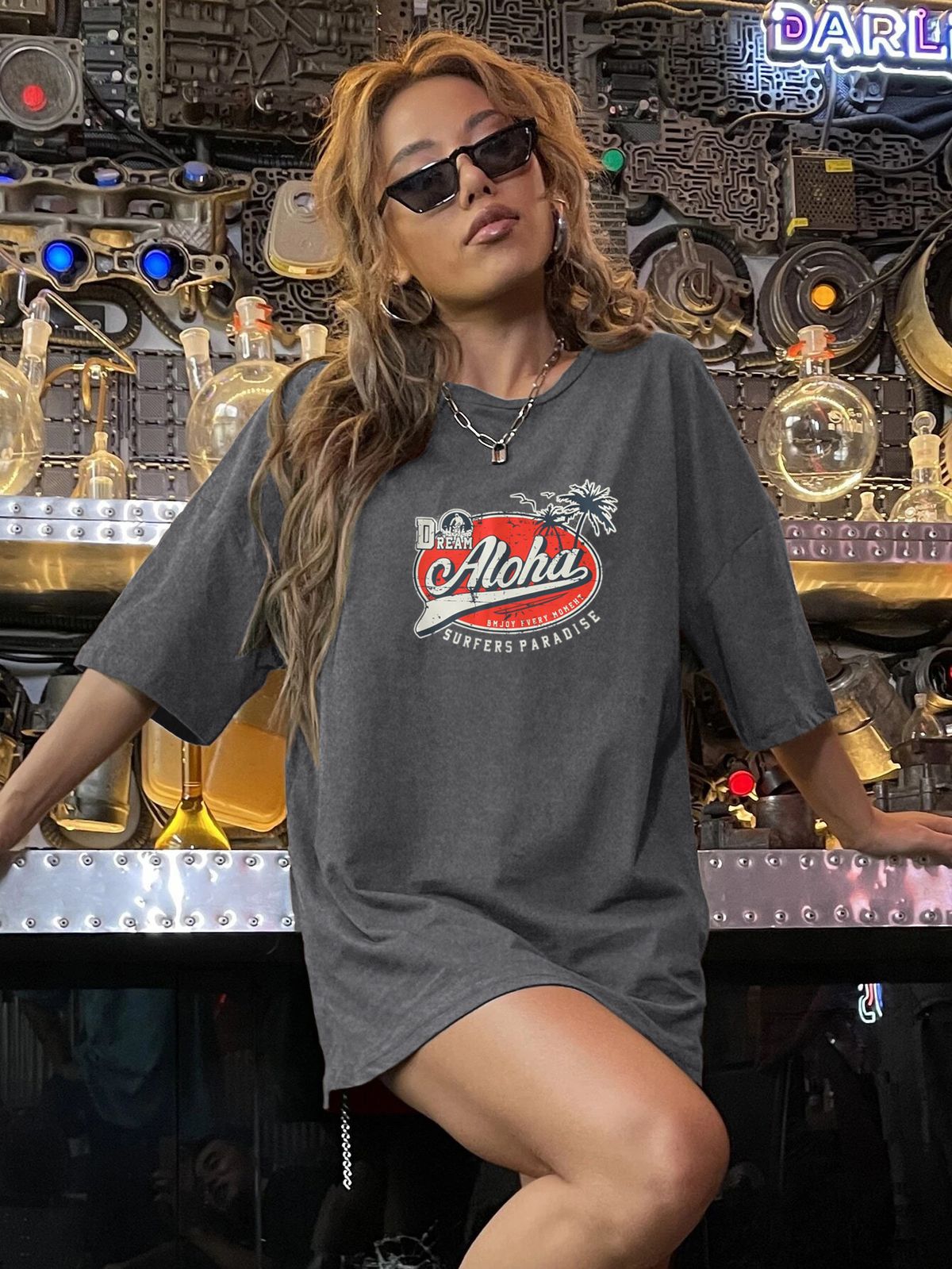 Women's Oversized Gray T-Shirt Casual Comfort Fit round Neck Short Sleeve Minimalist Printed Tee for Spring/Summer_ecoleips.com