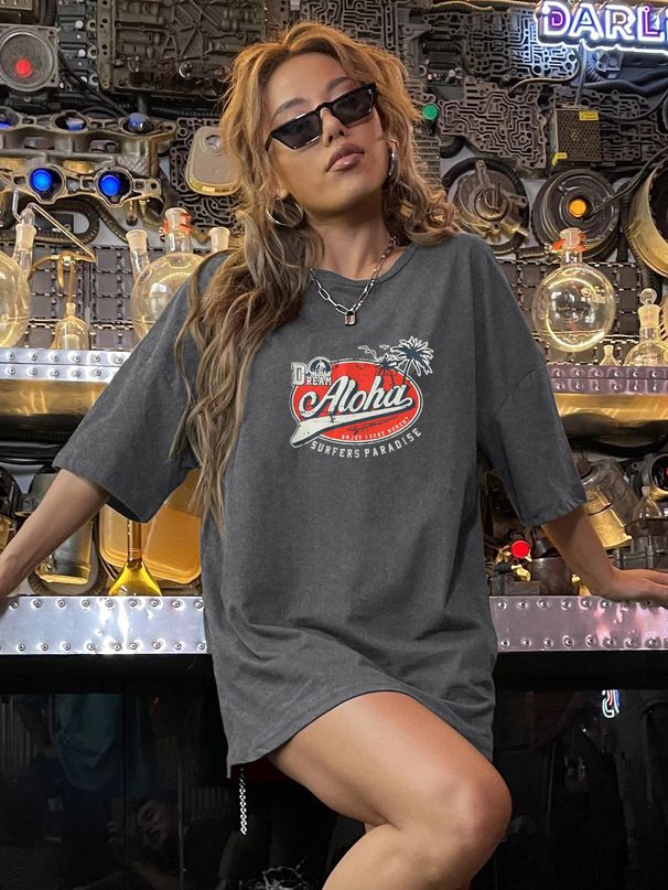 Women's Oversized Gray T-Shirt Casual Comfort Fit round Neck Short Sleeve Minimalist Printed Tee for Spring/Summer_ecoleips.com
