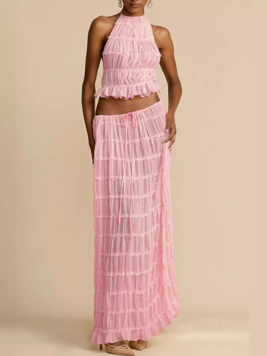 Women's Clothing Sexy Backless Halter Neck Pleated Lace Vest Long Skirt Suit_ecoleips.com