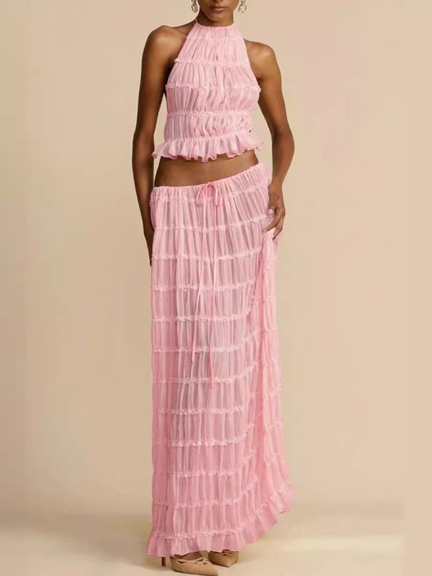 Women's Clothing Sexy Backless Halter Neck Pleated Lace Vest Long Skirt Suit_ecoleips.com
