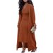 Women's Ribbed Duster Coat And V-Neck Dress Set Stretchy Lounge To Office 2 Piece Outfit S-3XL Black Brown Beige_ecoleips.com