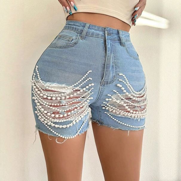 2025 European And American Beaded Chain Summer Outfit, Distressed Cross-border Hot Pants, Women's Handmade High-Waisted_ecoleips.com
