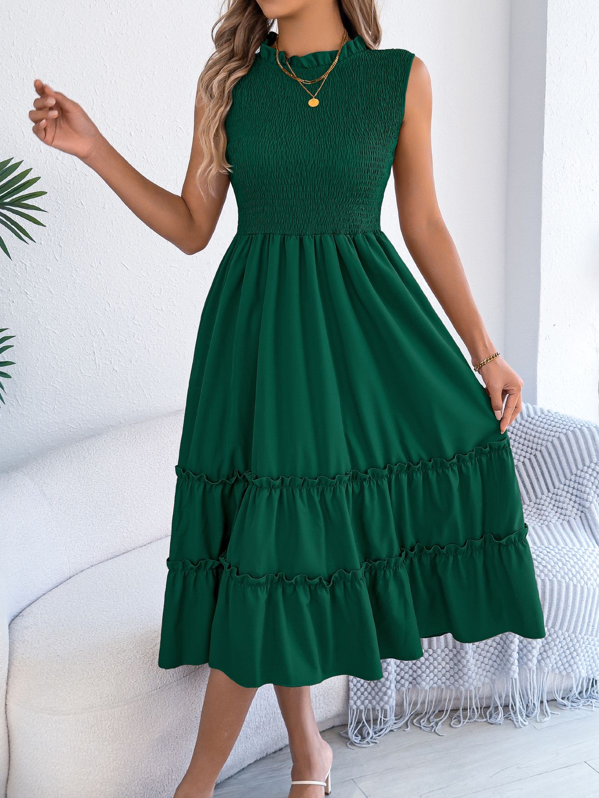 2026 Spring/Summer European And American Casual Sleeveless Ruched Waist Ruffle Hem Long Dress Independent Cross-Border_ecoleips.com