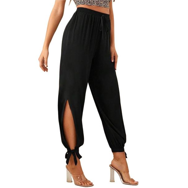 Voya European And American Foreign Trade Retro Fashion Commuter Black High-waisted Drawstring Slit Tie-up Jogger_ecoleips.com