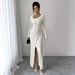 Women's Asymmetrical Neckline Twisted Long Dress Solid Color Fashion Textured Bodycon Dress_ecoleips.com