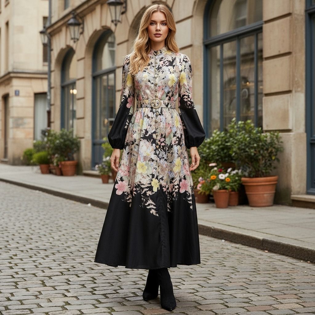 Women's Clothing Women's Classic Stand Collar Lantern Sleeve Maxi Dress Single Breasted Floral Button Detail Flared Skirt_ecoleips.com