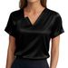 Summer Commuter Satin Asymmetrical V-Neck Short Sleeve Shirt Women_ecoleips.com