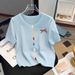 Ladies' Summer Knit Top – Breathable Cotton-Polyester Blend, Open-Front Design With Colorful Buttons (Blue & White, One Size Fits S-L)_ecoleips.com