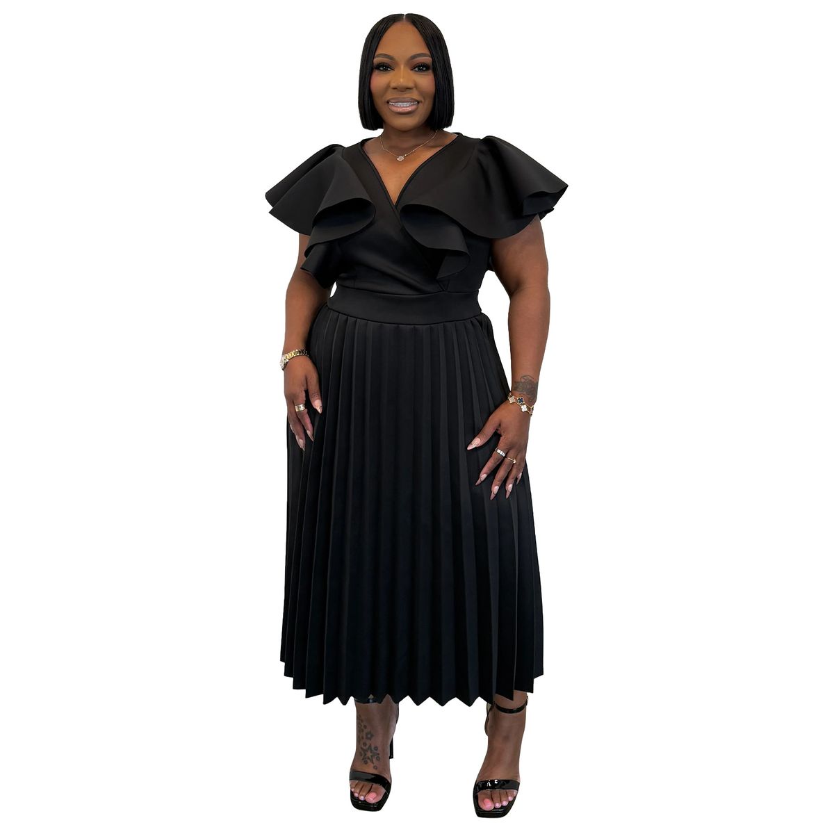 plus Size Women's Elegant Ruffle Skirt Dress N8169 European American Style Versatile Clothing for Women_ecoleips.com