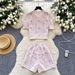 Chic Lace Trimmed Bubble Sleeve Blouse & High-Waisted Wide-Leg Shorts Set – Floral Embroidery, Summer Breathable Polyester (Pink, S-Xxl)_ecoleips.com