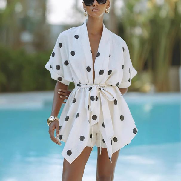 Women's Clothing Spring And Summer New Polka Dot Linen Print Shorts Suit INS Vacation Loose Two Piece Suit For Women_ecoleips.com