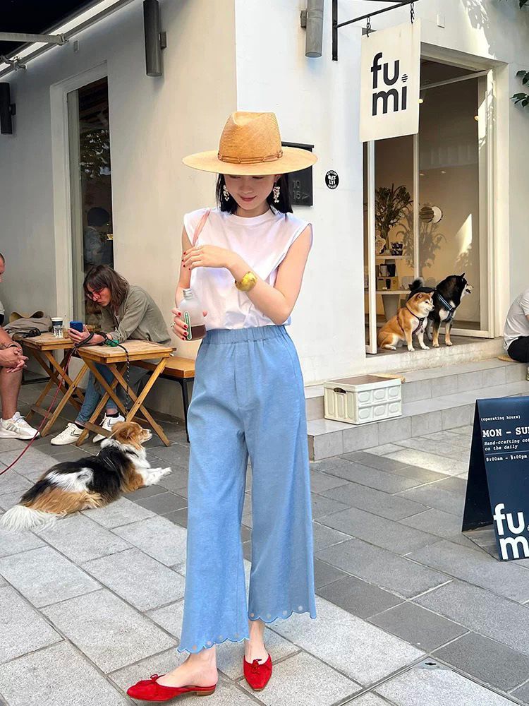 Suitable For All Seasons Wenjiu Light Embroidered Lace Edge Linen Cotton Flared Wide-Leg For Women Comfortable Elegant Hollow Out_ecoleips.com