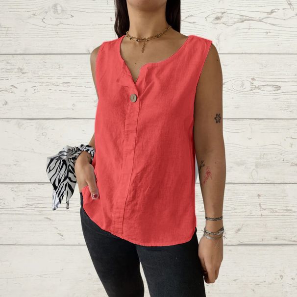 2025 European And American Summer New Women's Vest Casual Loose Cotton And Linen T Shirt Button Top_ecoleips.com