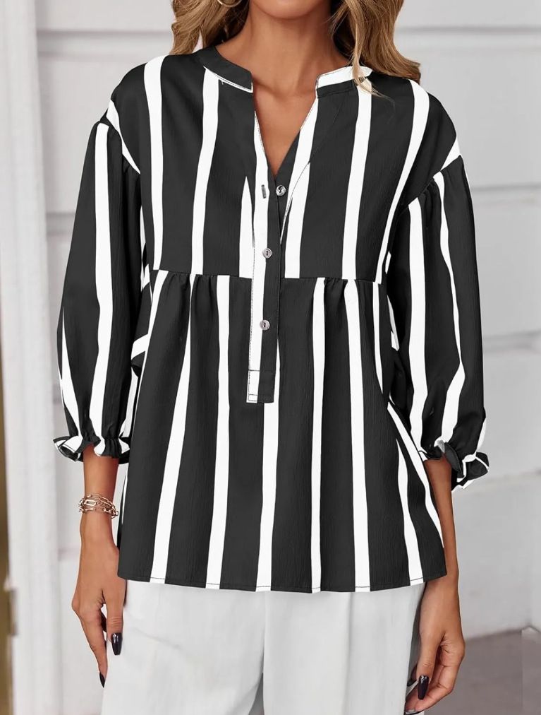 K Women's Fashion Casual Loose Baita Striped V-neck Printed Shirt_ecoleips.com