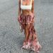 Verve 2025 Summer Floral Print Double Layer Irregular Hem Ruffle Midi Skirt For Vacation_ecoleips.com