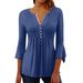 Women's Clothing New Solid Color Hollow V Neck Button Flared Three Quarter Sleeve Top_ecoleips.com