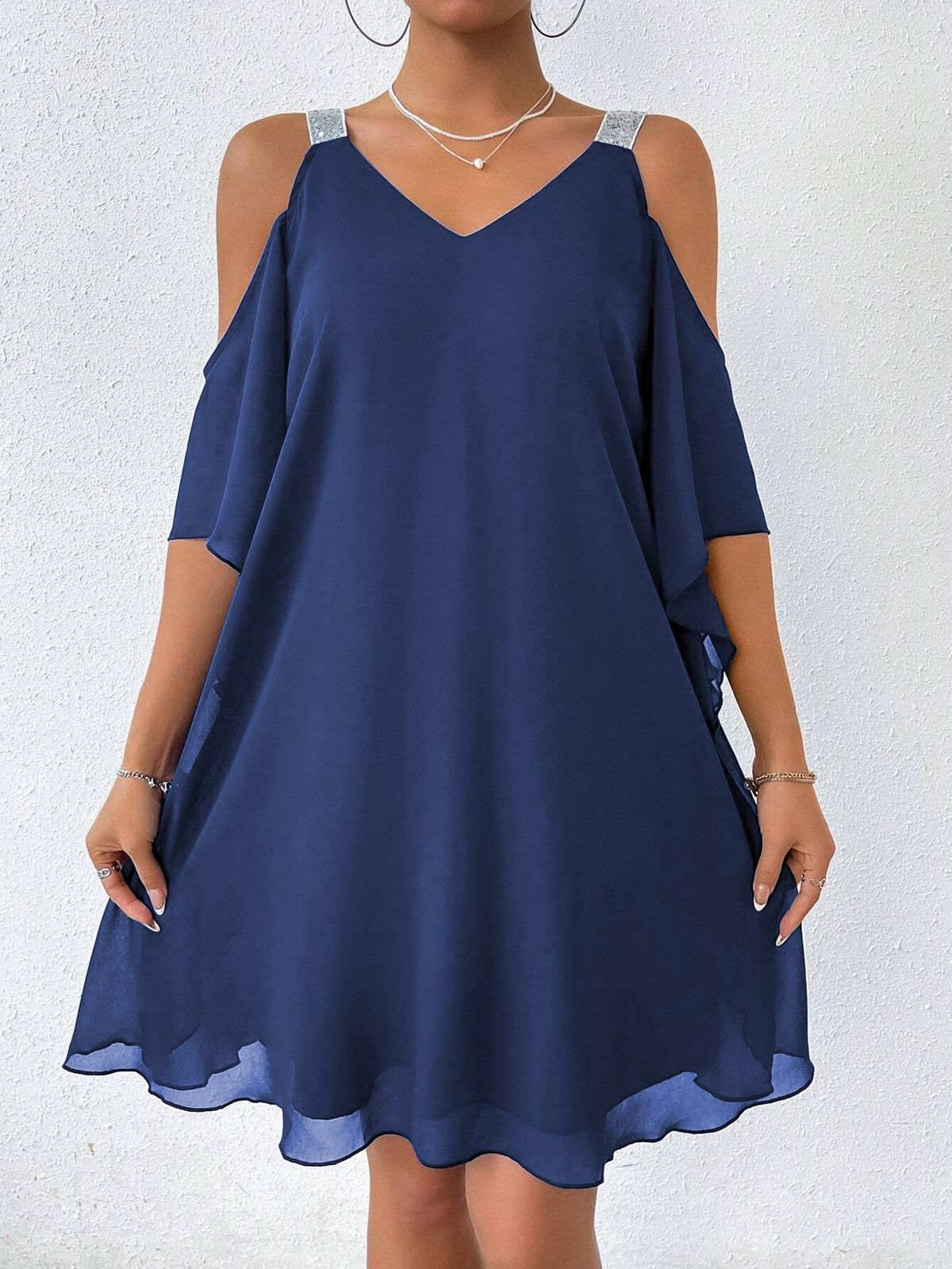 Women's V Neck Puff Sleeve Sequin Dress, Fashion Party Gown, Casual Life & Gathering Wear, Elegant Evening_ecoleips.com