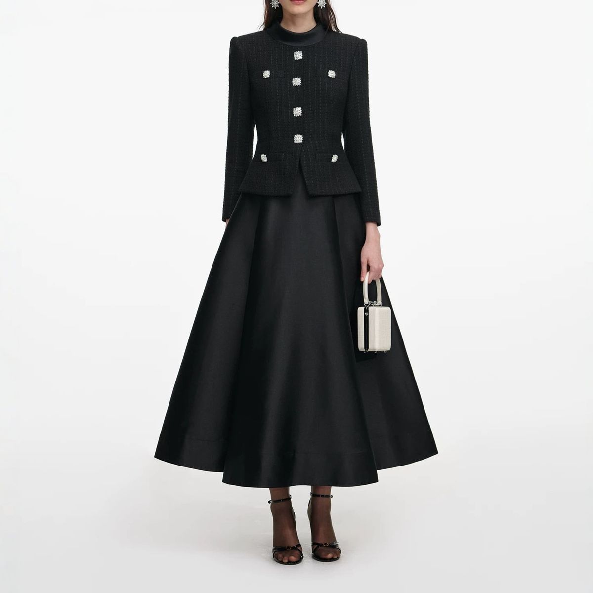 Aria Basics Aria Basics European And American Designer Women's High Neck Rhinestone Button Waist Slimming Sleeve Tweed Dress Long Gown 2203_ecoleips.com