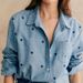 Women's Oversized Polo Collar Blouse Long Sleeve Mid-Length Digital Print Loose Fit Blue Top Heart Print_ecoleips.com