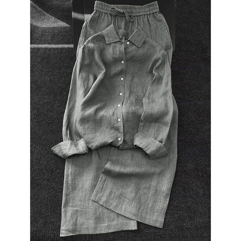 Summer Old Money Style Women's Fashion Shirt And Pants Two Piece Set Loose Fitting Slimming Gray Long Sleeved_ecoleips.com
