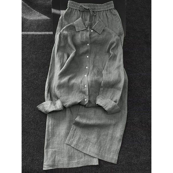 Summer Old Money Style Women's Fashion Shirt And Pants Two Piece Set Loose Fitting Slimming Gray Long Sleeved_ecoleips.com