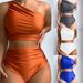 Women's Clothing Solid Color Pleated Split Swimsuit Women's Sexy Shoulder Bikini_ecoleips.com
