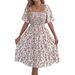 Women's Floral Print Smocked Waist Short Sleeve Dress, Ruffle Hem A-Line Swing Dress For Spring Summer_ecoleips.com