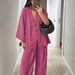 Women's V-Neck Flowy Top & Wide Leg Pants Set – Breathable Loose Fit Outfit For Casual And Chic Style_ecoleips.com
