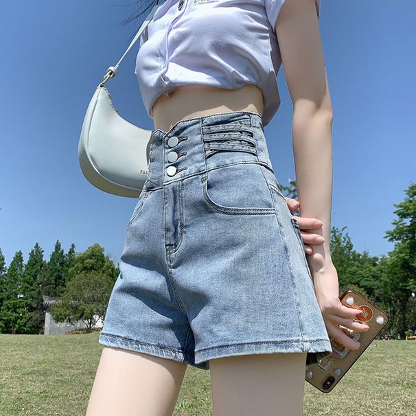 2025s Elastic Versatile High-Waisted Denim Shorts For Women 2025 New A-Line Slimming Three-Row Button Design Hot Pants_ecoleips.com